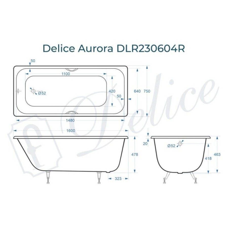 Ванна чугунная Delice Aurora DLR230604R, 160 х 75 см, без покрытия, с отверстиями под ручки, без ручек, цвет белый