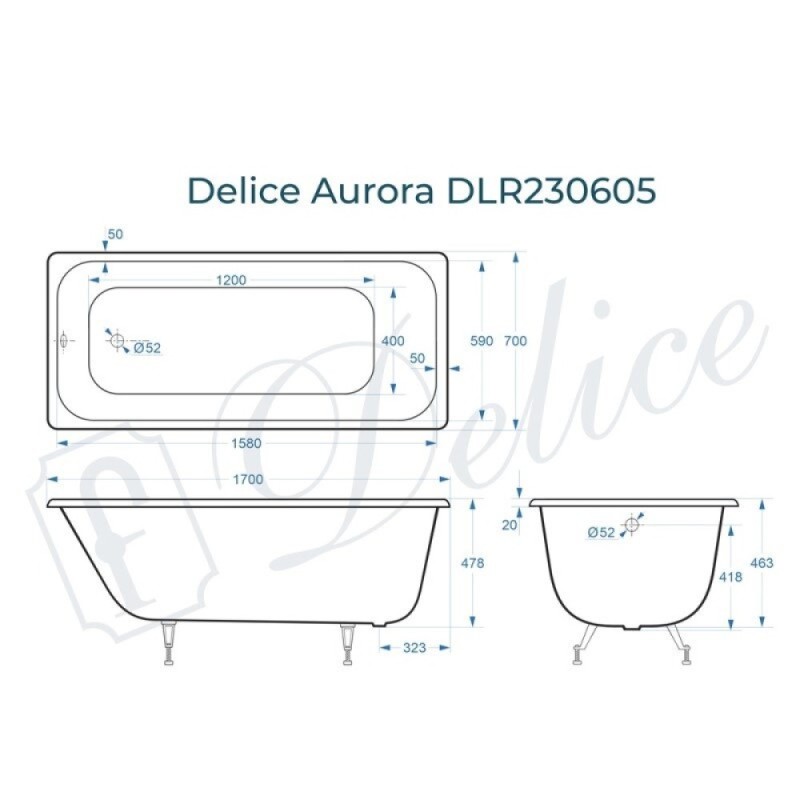 Ванна чугунная Delice Aurora DLR230605, 170 х 70 см, без покрытия, без ручек, цвет белый