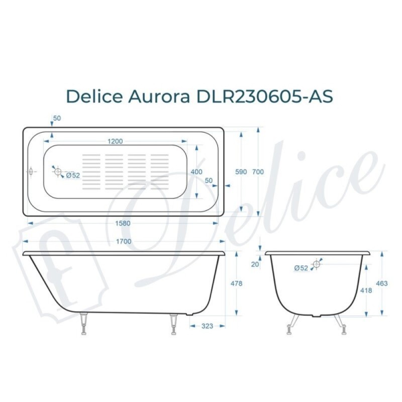 Ванна чугунная Delice Aurora DLR230605-AS, 170 х 70 см, антискользящее покрытие, без ручек, цвет белый