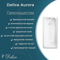 Ванна чугунная Delice Aurora DLR230605-AS, 170 х 70 см, антискользящее покрытие, без ручек, цвет белый