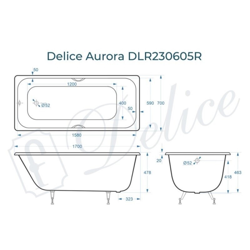 Ванна чугунная Delice Aurora DLR230605R, 170 х 70 см, без покрытия, с отверстиями под ручки, без ручек, цвет белый