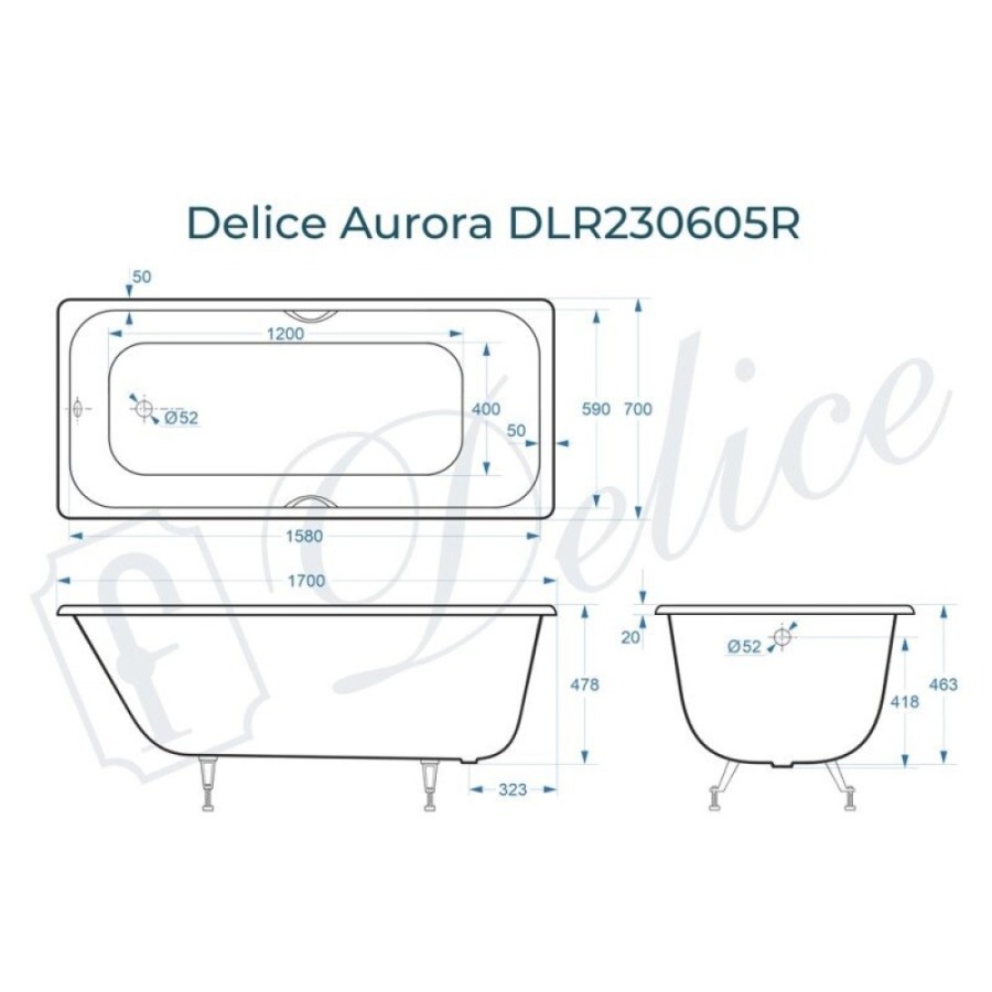 Ванна чугунная Delice Aurora DLR230605R, 170 х 70 см, без покрытия, с отверстиями под ручки, без ручек, цвет белый