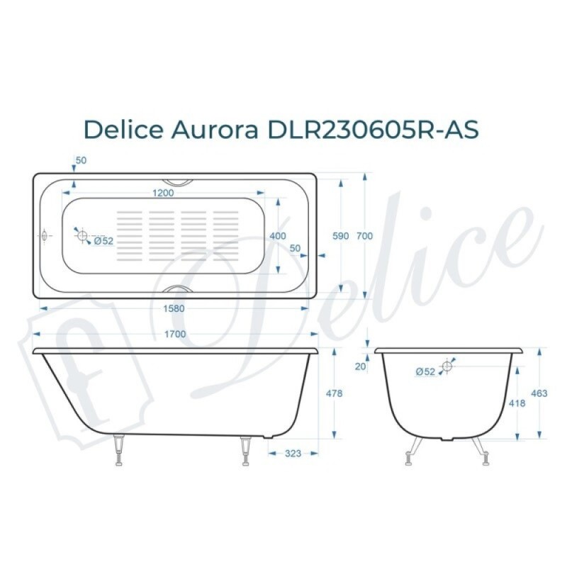 Ванна чугунная Delice Aurora DLR230605R-AS, 170 х 70 см, антискользящее покрытие, с отверстиями под ручки, без ручек, цвет белый