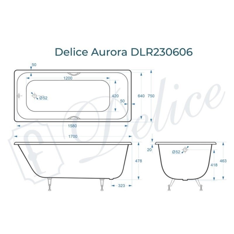 Ванна чугунная Delice Aurora DLR230606, 170 х 75 см, без покрытия, без ручек, цвет белый