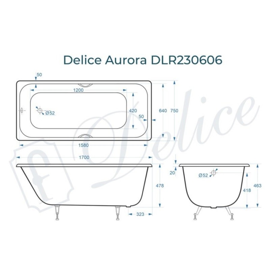 Ванна чугунная Delice Aurora DLR230606, 170 х 75 см, без покрытия, без ручек, цвет белый