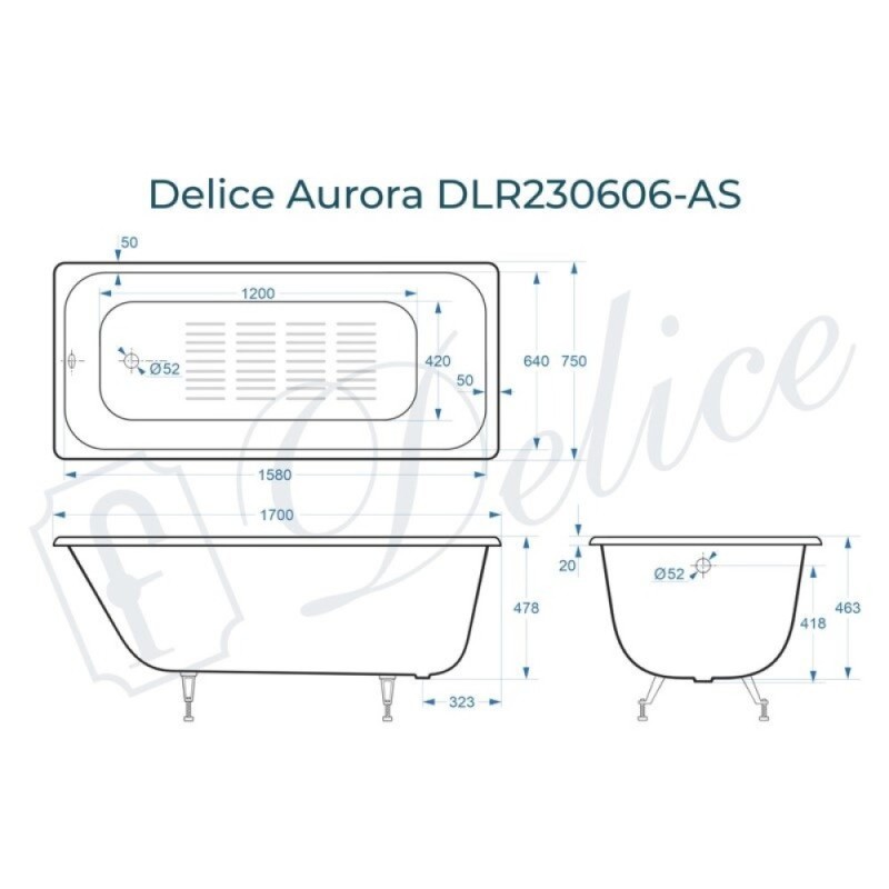Ванна чугунная Delice Aurora DLR230606-AS, 170 х 75 см, антискользящее покрытие, без ручек, цвет белый