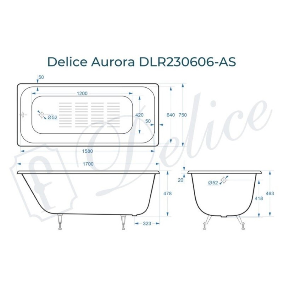 Ванна чугунная Delice Aurora DLR230606-AS, 170 х 75 см, антискользящее покрытие, без ручек, цвет белый