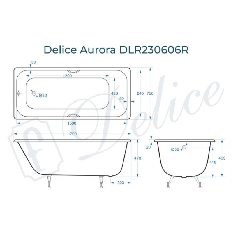 Ванна чугунная Delice Aurora DLR230606R, 170 х 75 см, без покрытия, с отверстиями под ручки, без ручек, цвет белый
