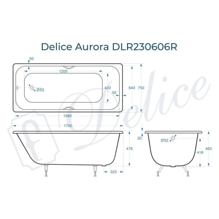 Ванна чугунная Delice Aurora DLR230606R, 170 х 75 см, без покрытия, с отверстиями под ручки, без ручек, цвет белый