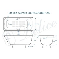 Ванна чугунная Delice Aurora DLR230606R-AS, 170 х 75 см, антискользящее покрытие, с отверстиями под ручки, без ручек, цвет белый