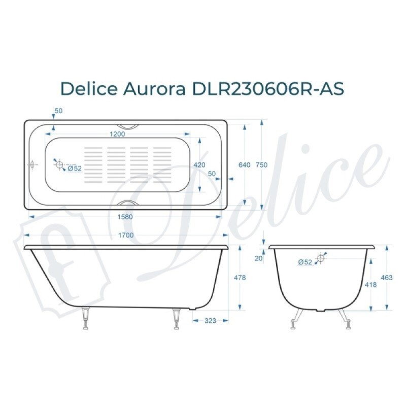 Ванна чугунная Delice Aurora DLR230606R-AS, 170 х 75 см, антискользящее покрытие, с отверстиями под ручки, без ручек, цвет белый