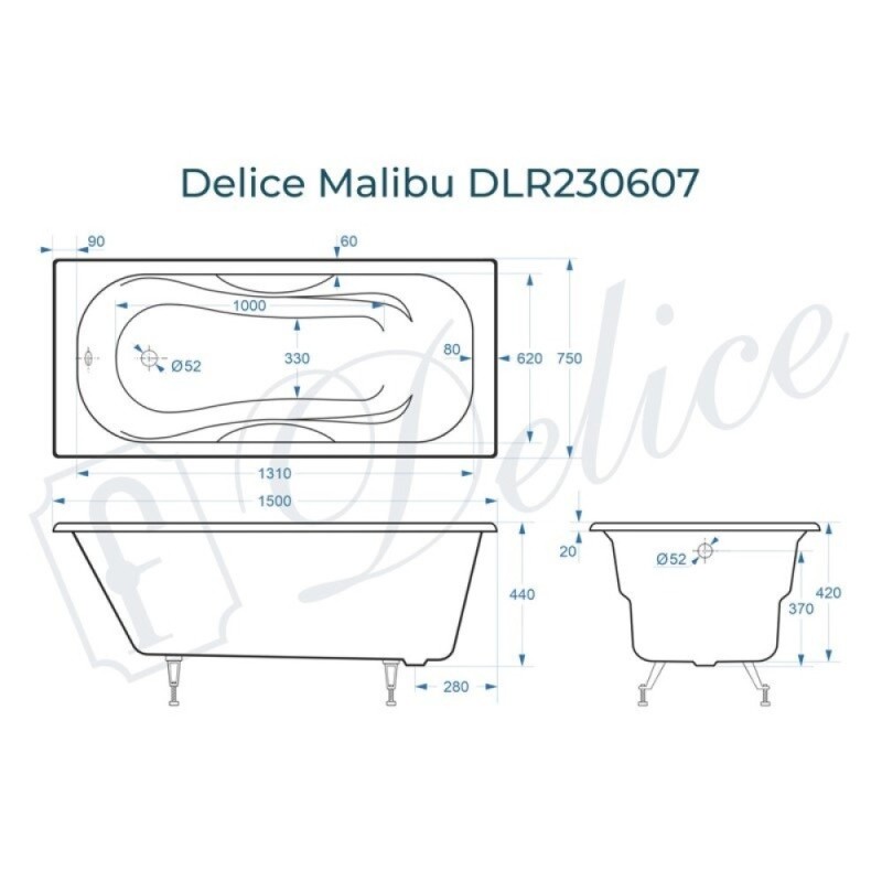 Ванна чугунная Delice Malibu DLR230607, 150 х 75 см, без покрытия, без ручек, цвет белый