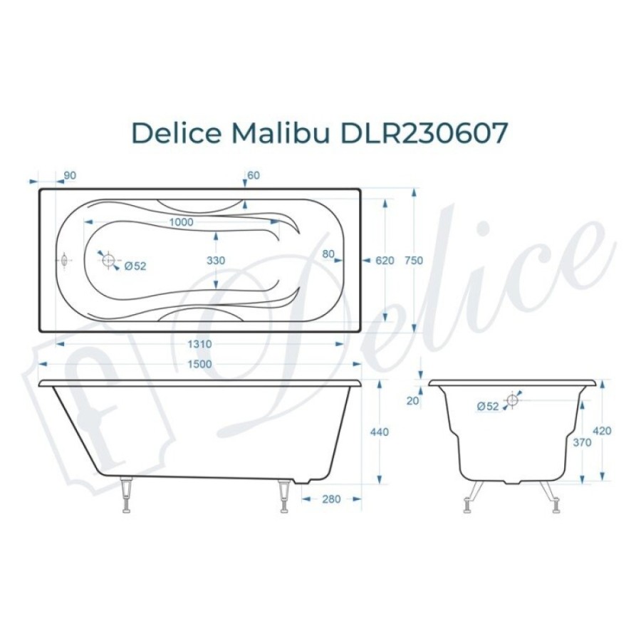 Ванна чугунная Delice Malibu DLR230607, 150 х 75 см, без покрытия, без ручек, цвет белый
