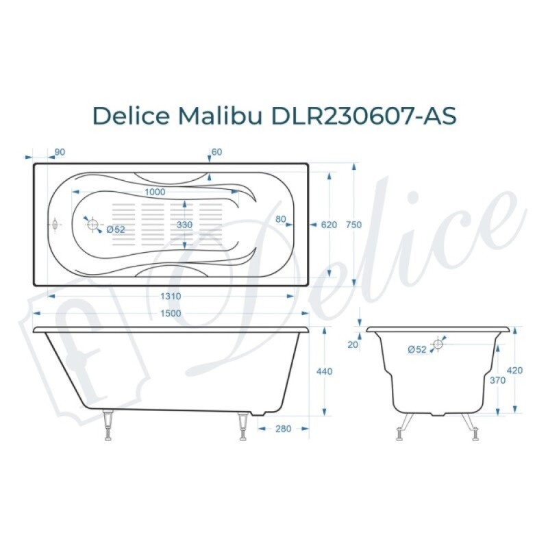 Ванна чугунная Delice Malibu DLR230607-AS, 150 х 75 см, антискользящее покрытие, без ручек, цвет белый