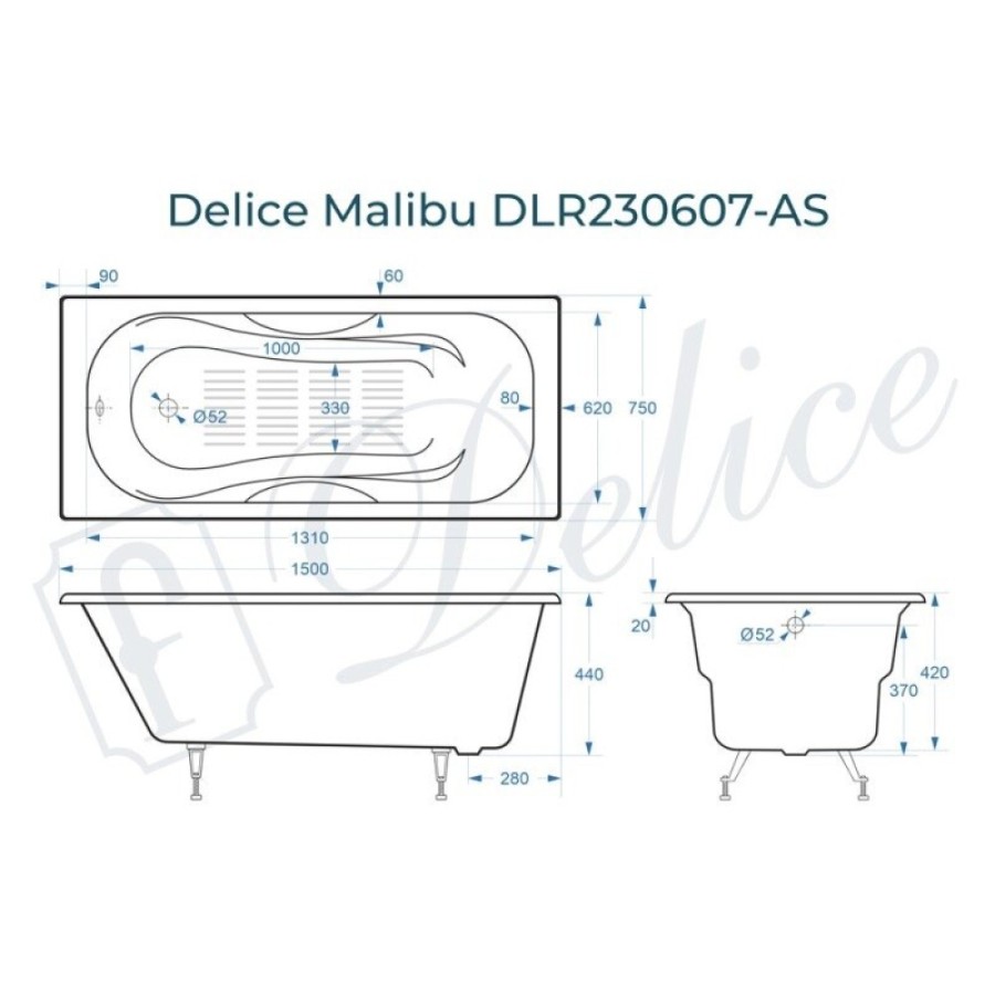Ванна чугунная Delice Malibu DLR230607-AS, 150 х 75 см, антискользящее покрытие, без ручек, цвет белый
