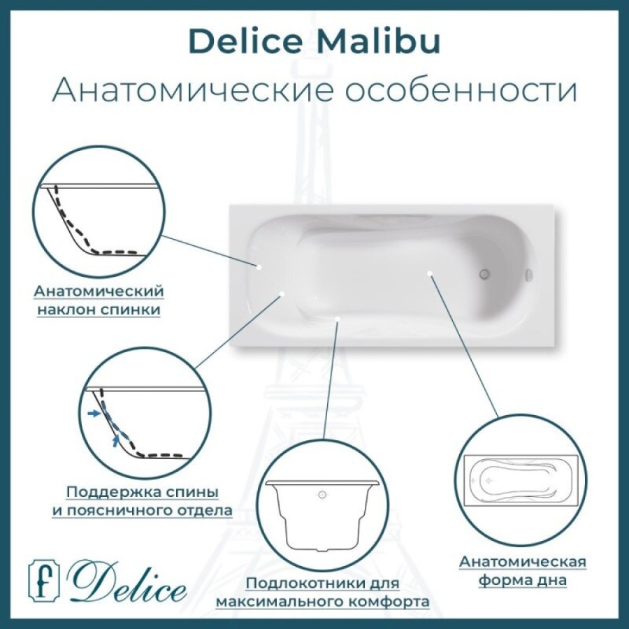 Ванна чугунная Delice Malibu DLR230608, 170 х 70 см, без покрытия, без ручек, цвет белый