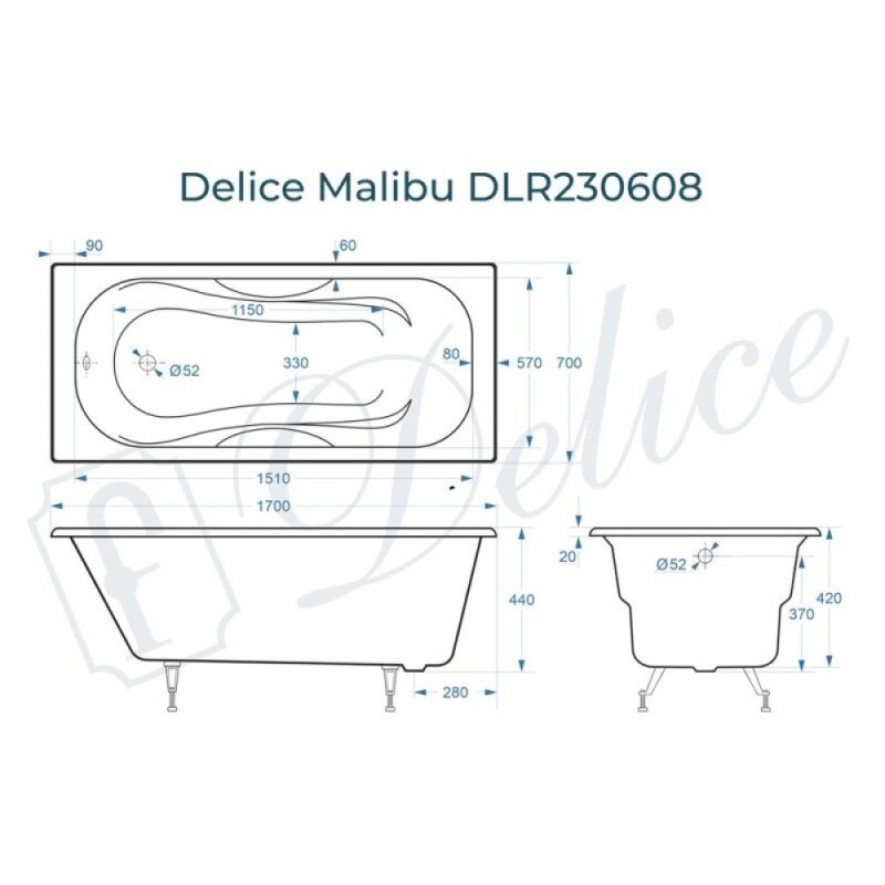 Ванна чугунная Delice Malibu DLR230608, 170 х 70 см, без покрытия, без ручек, цвет белый