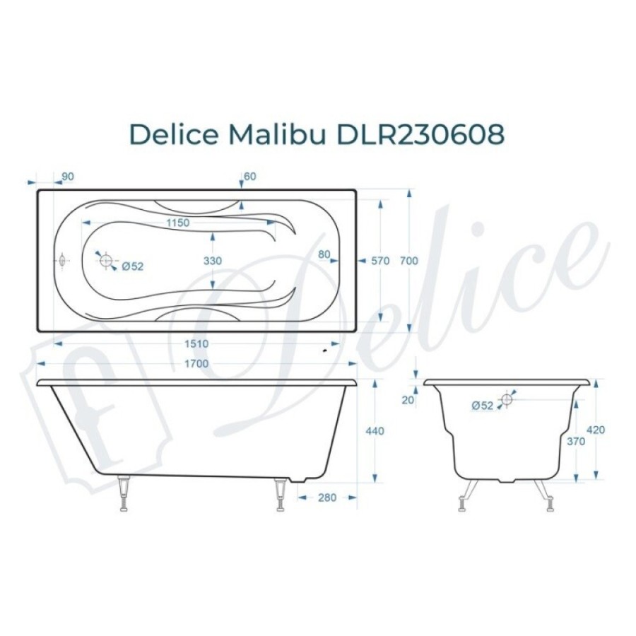 Ванна чугунная Delice Malibu DLR230608, 170 х 70 см, без покрытия, без ручек, цвет белый