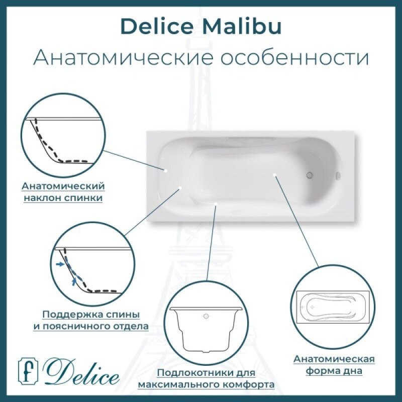 Ванна чугунная Delice Malibu DLR230608-AS, 170 х 70 см, антискользящее покрытие, без ручек, цвет белый