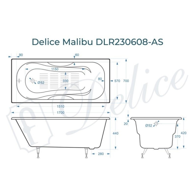 Ванна чугунная Delice Malibu DLR230608-AS, 170 х 70 см, антискользящее покрытие, без ручек, цвет белый