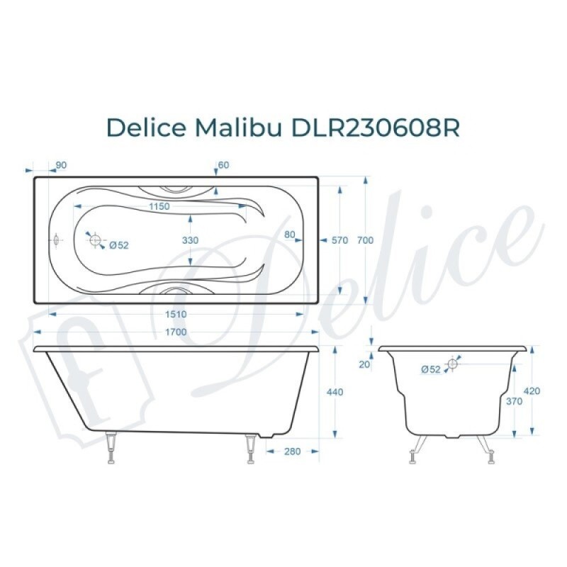 Ванна чугунная Delice Malibu DLR230608R, 170 х 70 см, без покрытия, с отверстиями под ручки, без ручек, цвет белый