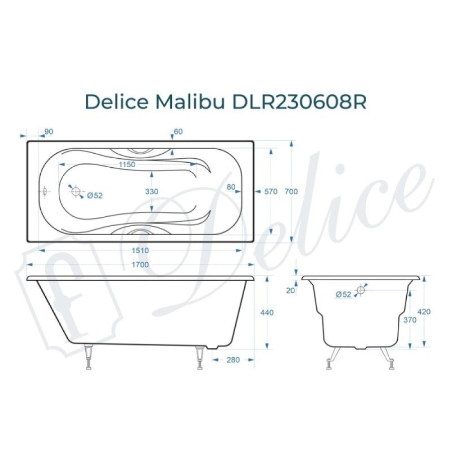 Ванна чугунная Delice Malibu DLR230608R, 170 х 70 см, без покрытия, с отверстиями под ручки, без ручек, цвет белый