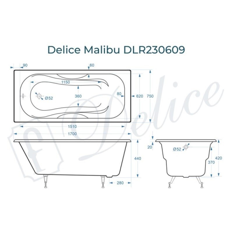 Ванна чугунная Delice Malibu DLR230609, 170 х 75 см, без покрытия, без ручек, цвет белый