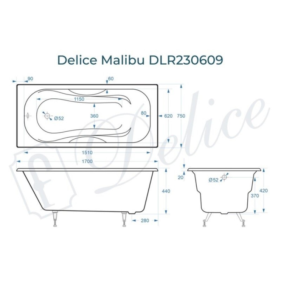 Ванна чугунная Delice Malibu DLR230609, 170 х 75 см, без покрытия, без ручек, цвет белый