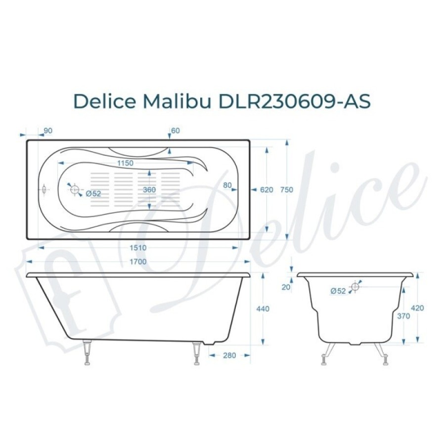 Ванна чугунная Delice Malibu DLR230609-AS, 170 х 75 см, антискользящее покрытие, без ручек, цвет белый