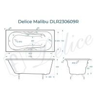 Ванна чугунная Delice Malibu DLR230609R, 170 х 75 см, без покрытия, с отверстиями под ручки, без ручек, цвет белый
