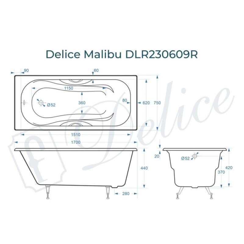 Ванна чугунная Delice Malibu DLR230609R, 170 х 75 см, без покрытия, с отверстиями под ручки, без ручек, цвет белый