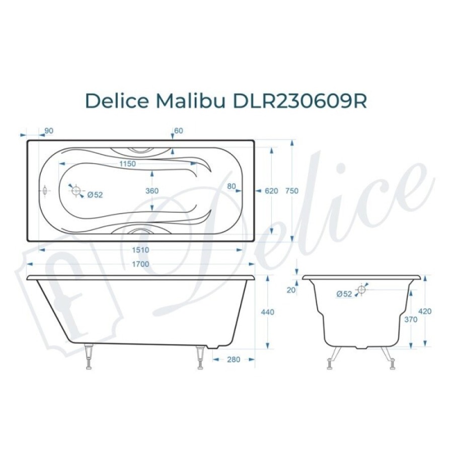 Ванна чугунная Delice Malibu DLR230609R, 170 х 75 см, без покрытия, с отверстиями под ручки, без ручек, цвет белый