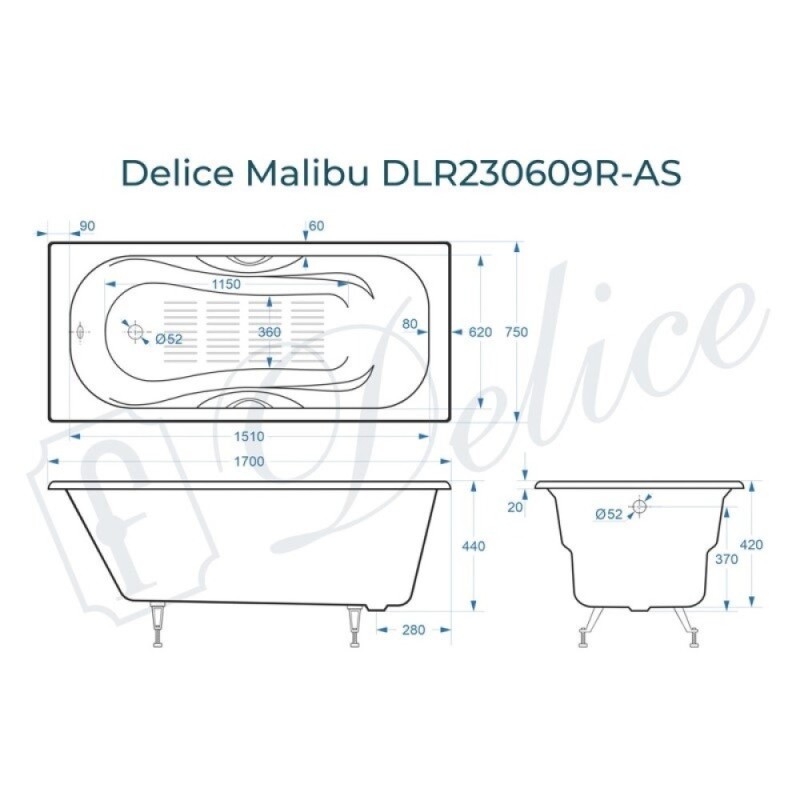 Ванна чугунная Delice Malibu DLR230609R-AS, 170 х 75 см, антискользящее покрытие, с отверстиями под ручки, без ручек, цвет белый