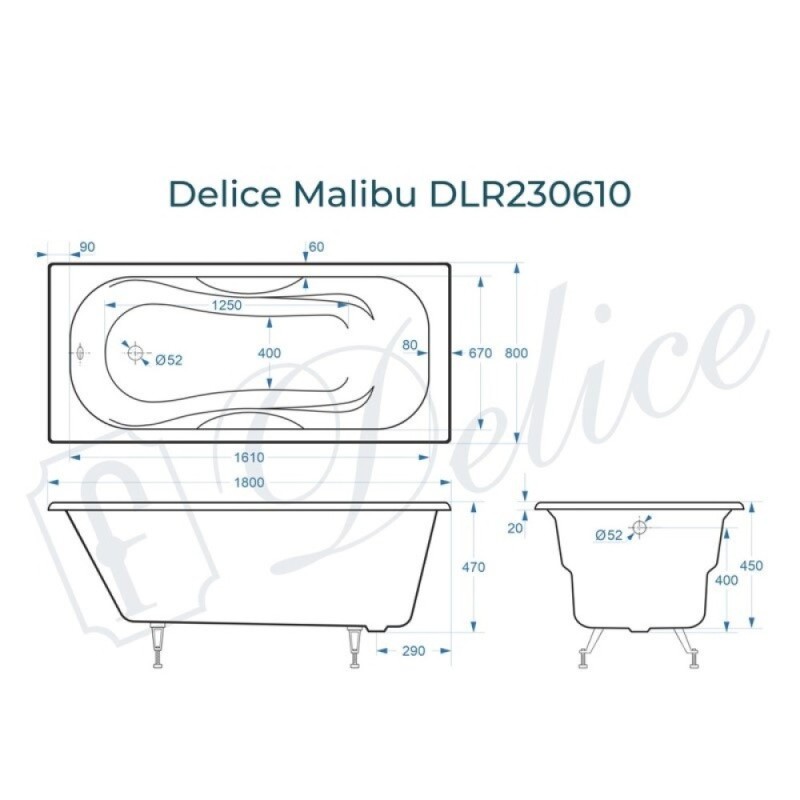 Ванна чугунная Delice Malibu DLR230610, 180 х 80 см, без покрытия, без ручек, цвет белый