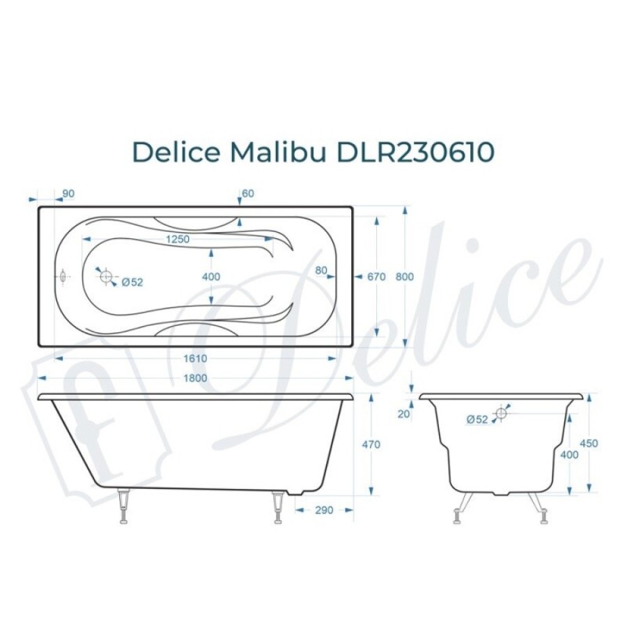 Ванна чугунная Delice Malibu DLR230610, 180 х 80 см, без покрытия, без ручек, цвет белый