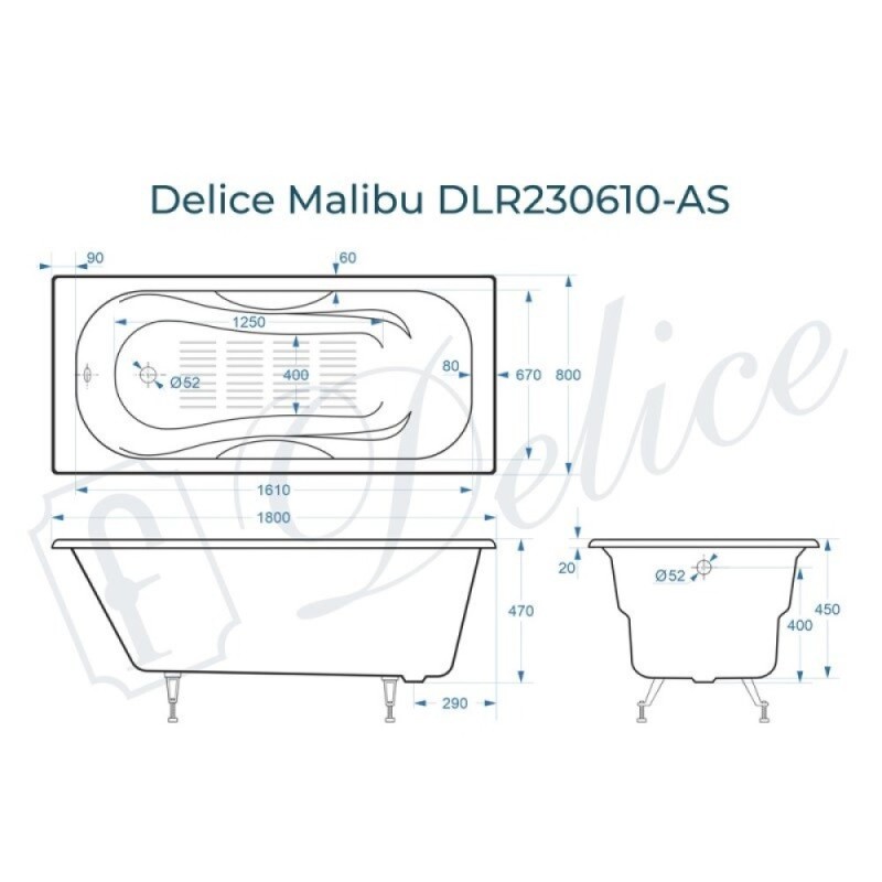Ванна чугунная Delice Malibu DLR230610-AS, 180 х 80 см, антискользящее покрытие, без ручек, цвет белый