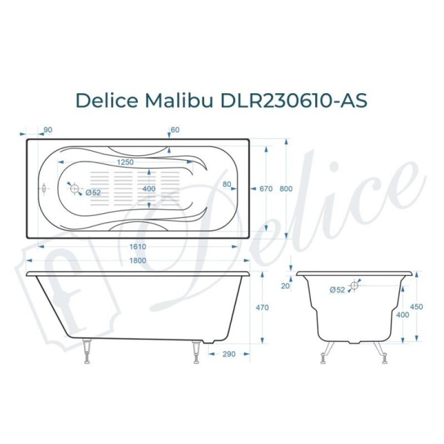 Ванна чугунная Delice Malibu DLR230610-AS, 180 х 80 см, антискользящее покрытие, без ручек, цвет белый