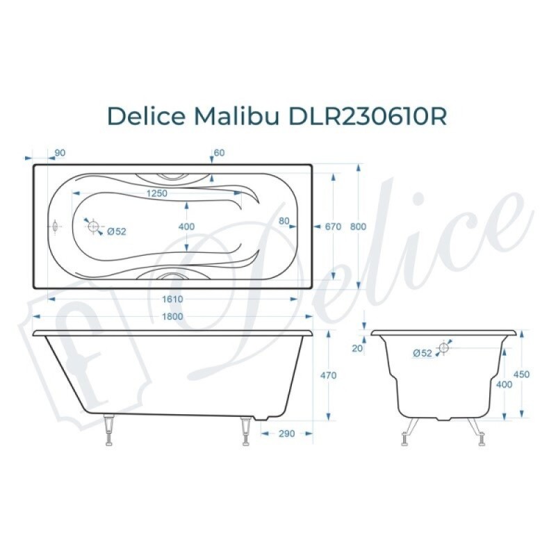 Ванна чугунная Delice Malibu DLR230610R, 180 х 80 см, без покрытия, с отверстиями под ручки, без ручек, цвет белый