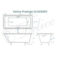 Чугунная ванна Delice Prestige 175x75 DLR230611 (ножки) без покрытия, без ручек, цвет белый