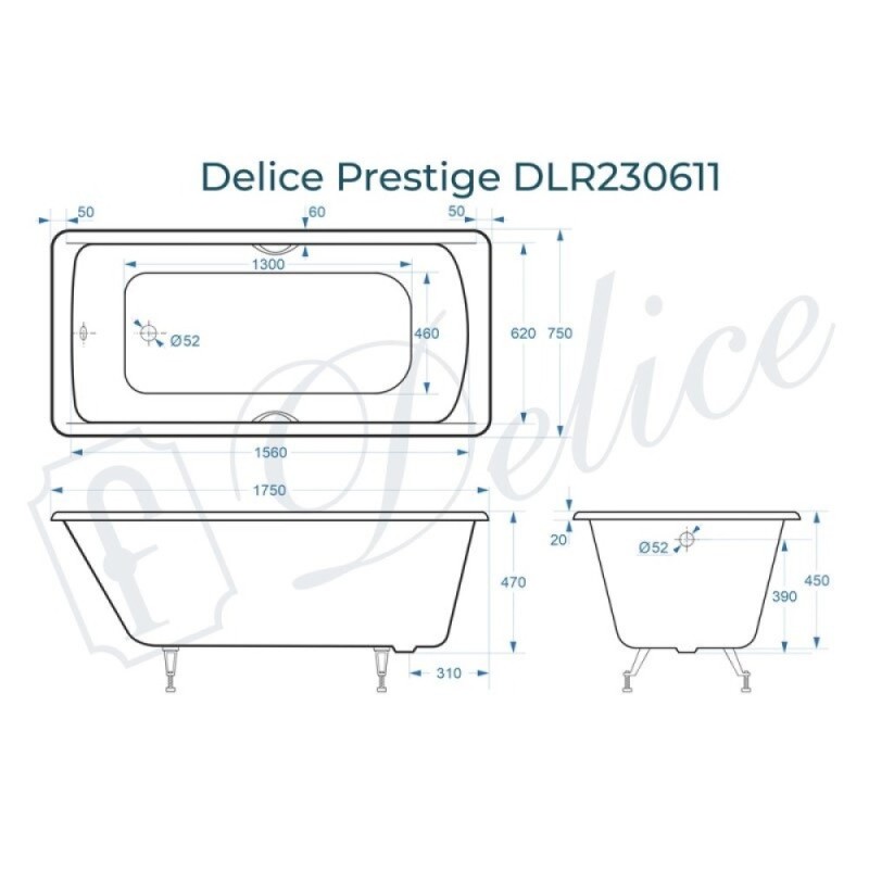 Чугунная ванна Delice Prestige 175x75 DLR230611 (ножки) без покрытия, без ручек, цвет белый