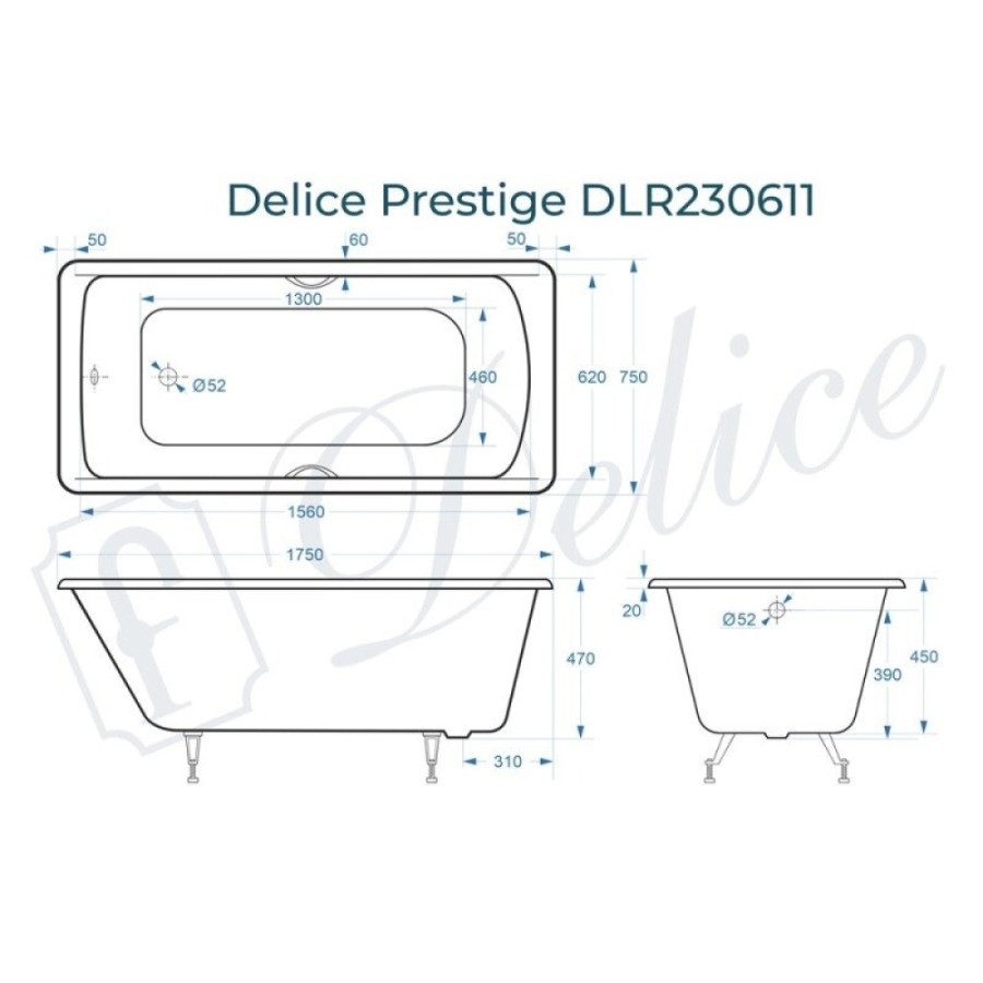 Чугунная ванна Delice Prestige 175x75 DLR230611 (ножки) без покрытия, без ручек, цвет белый
