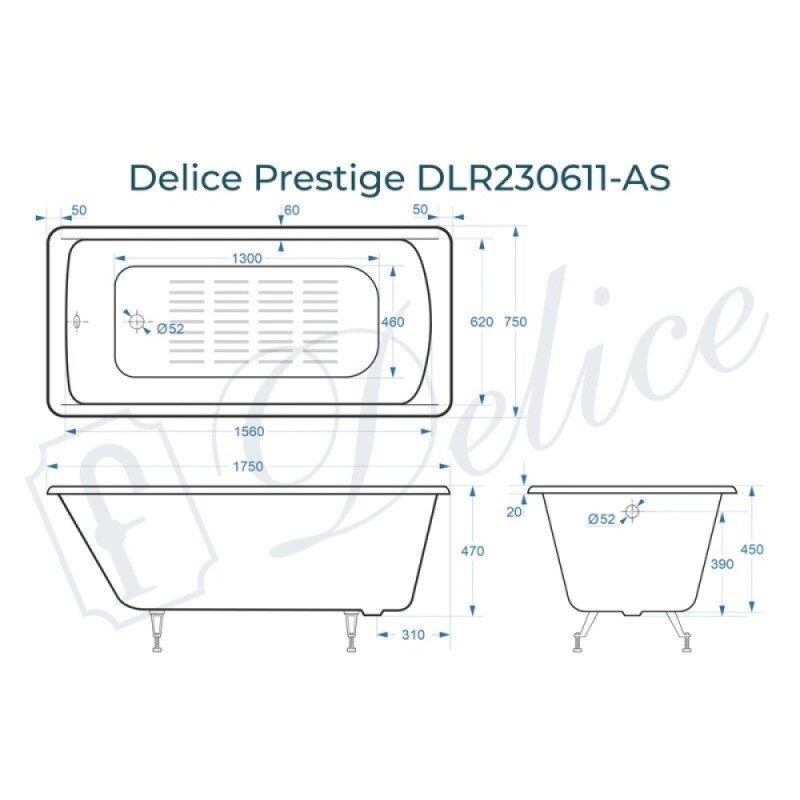 Ванна чугунная Delice Prestige DLR230611-AS, 175 х 75 см, антискользящее покрытие, без ручек, цвет белый