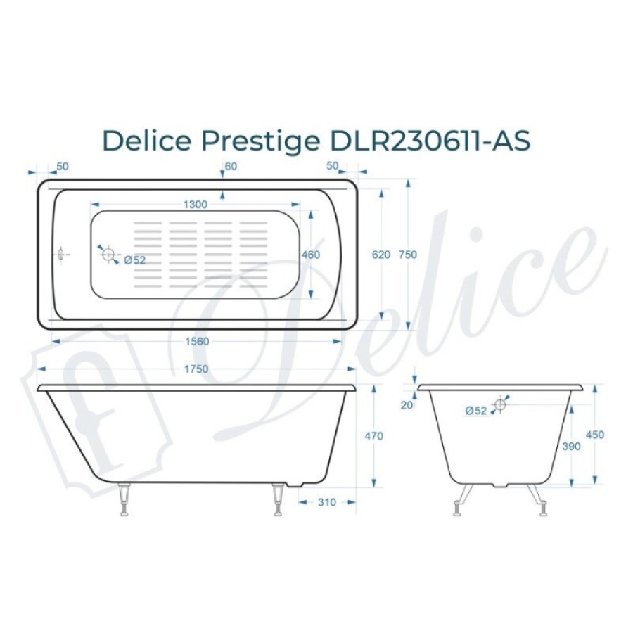 Ванна чугунная Delice Prestige DLR230611-AS, 175 х 75 см, антискользящее покрытие, без ручек, цвет белый