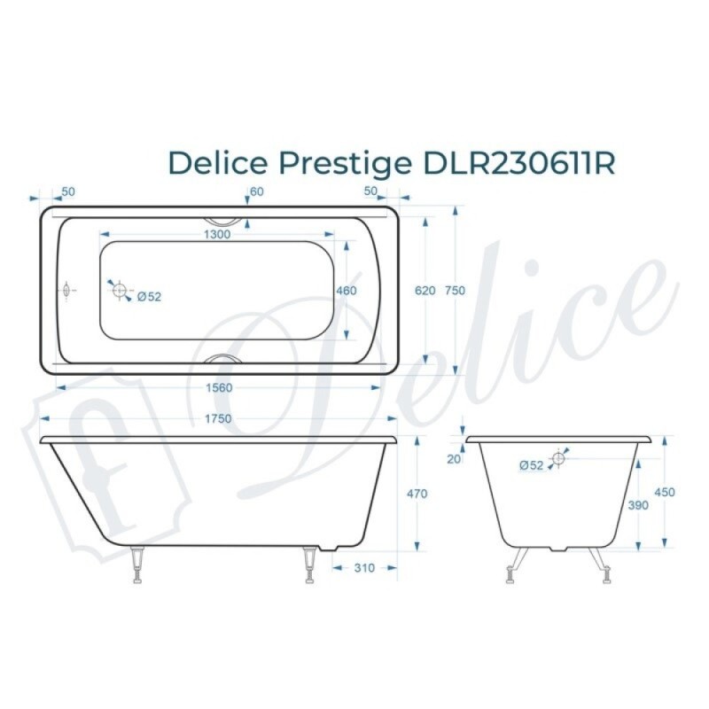 Ванна чугунная Delice Prestige DLR230611R, 175 х 75 см, без покрытия, с отверстиями под ручки, без ручек, цвет белый