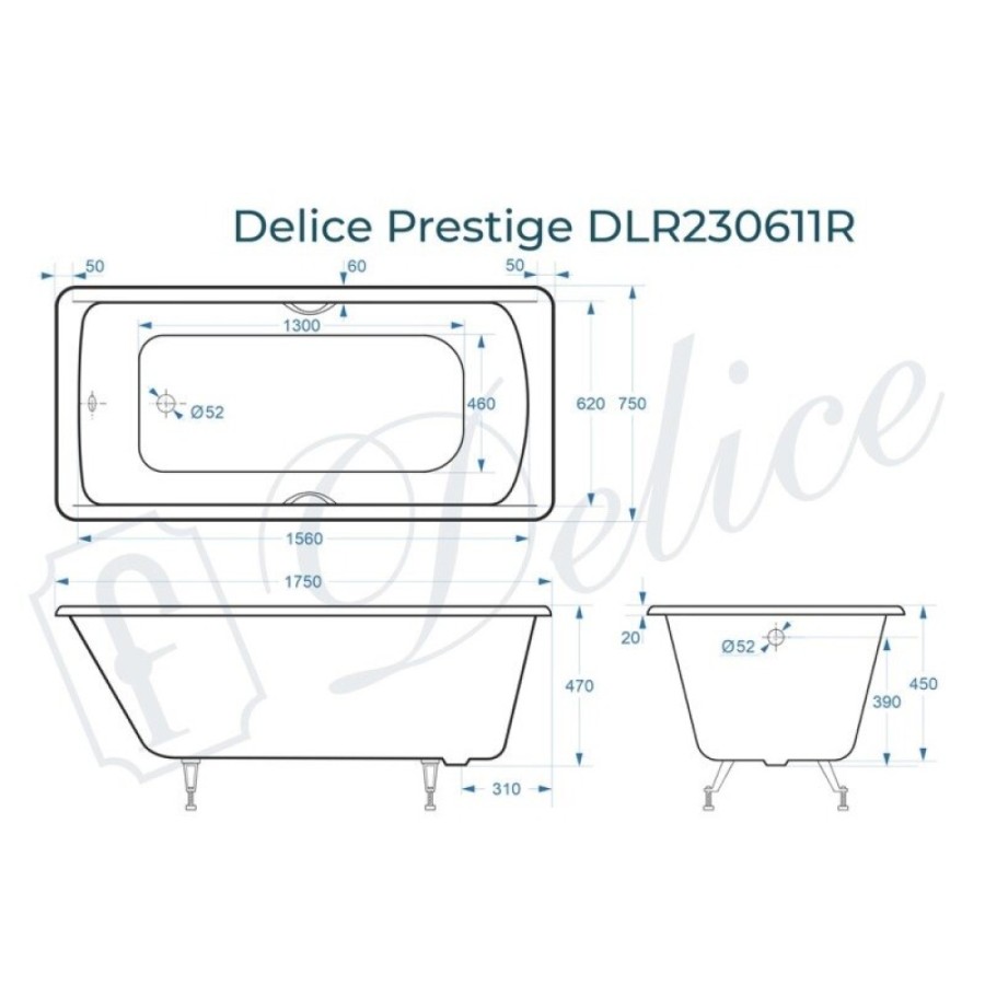 Ванна чугунная Delice Prestige DLR230611R, 175 х 75 см, без покрытия, с отверстиями под ручки, без ручек, цвет белый