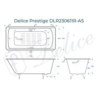 Ванна чугунная Delice Prestige DLR230611R-AS, 175 х 75 см, антискользящее покрытие, с отверстиями под ручки, без ручек, цвет белый