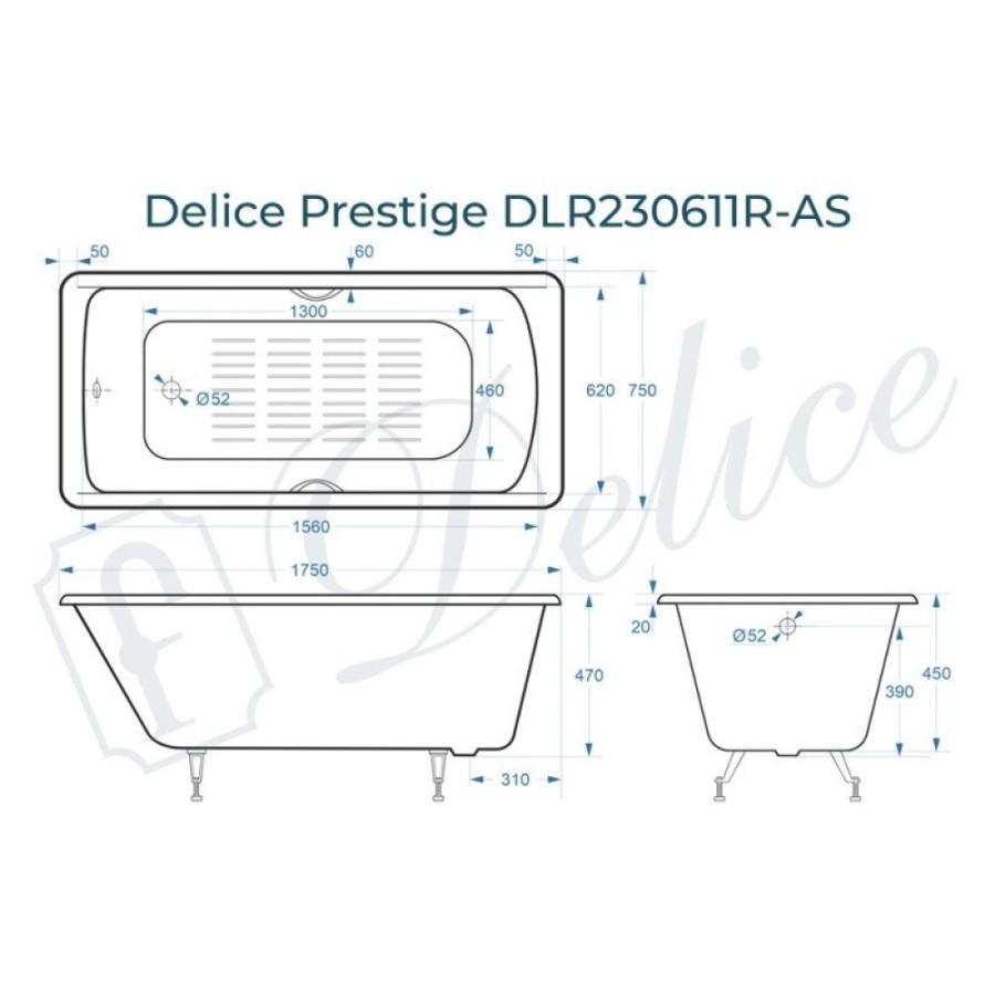 Ванна чугунная Delice Prestige DLR230611R-AS, 175 х 75 см, антискользящее покрытие, с отверстиями под ручки, без ручек, цвет белый