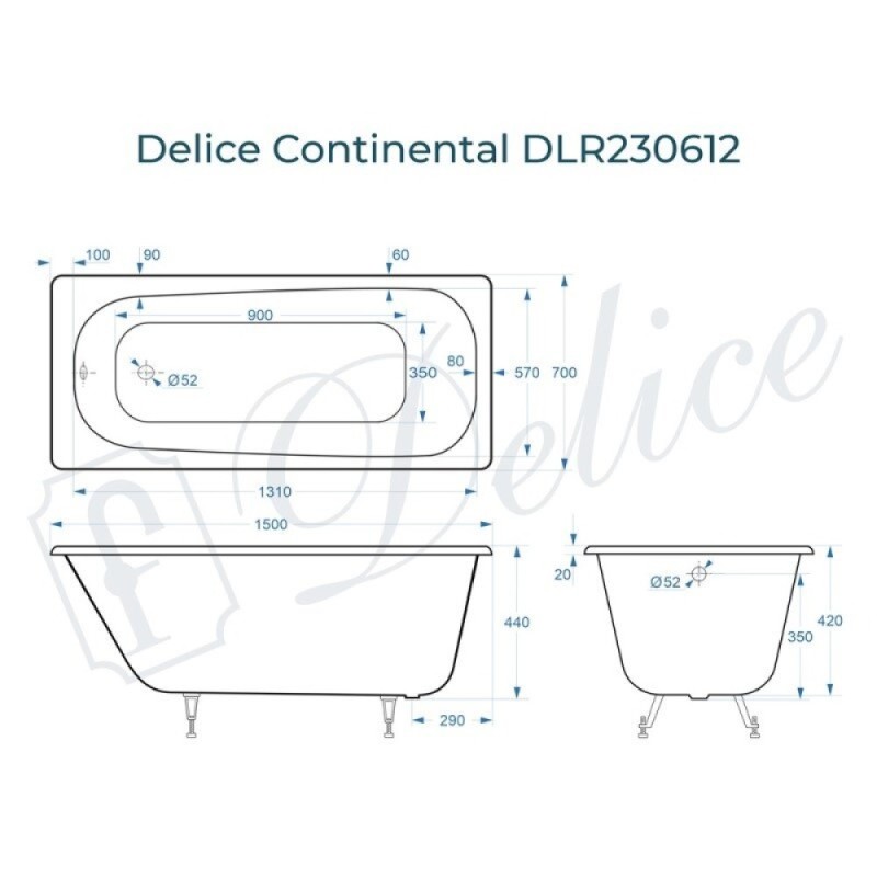 Ванна чугунная Delice Continental DLR230612, 150 х 70 см, без покрытия, без ручек, цвет белый