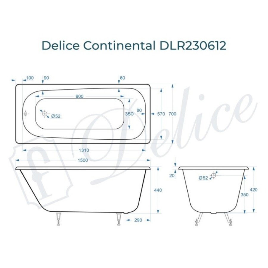 Ванна чугунная Delice Continental DLR230612, 150 х 70 см, без покрытия, без ручек, цвет белый