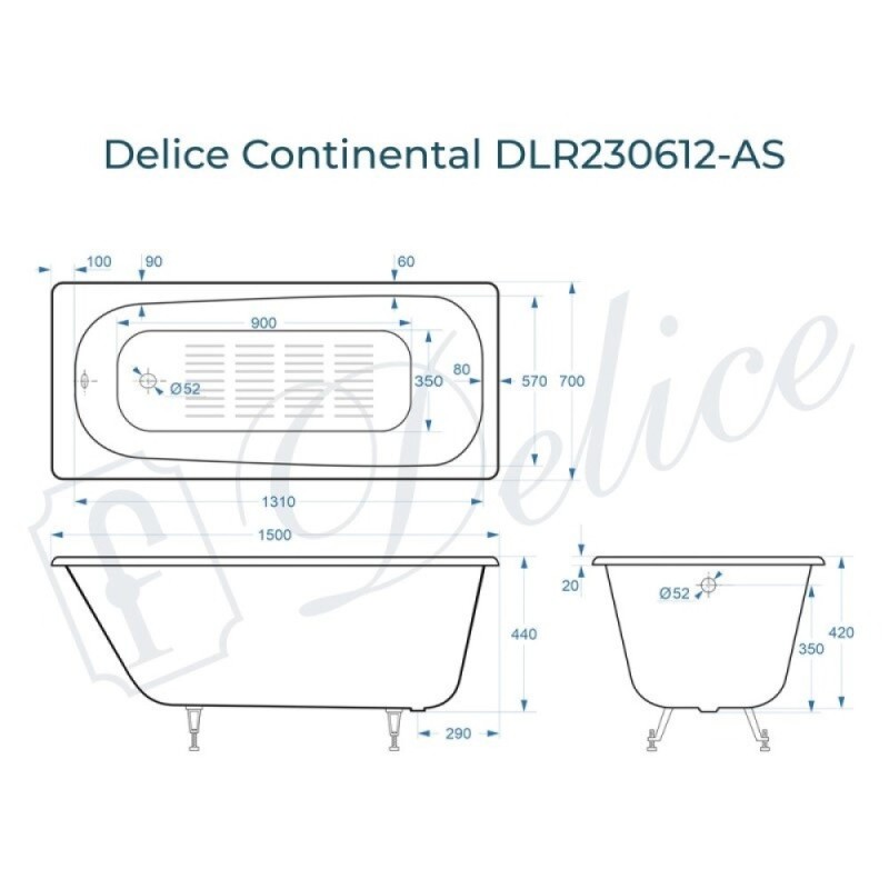 Ванна чугунная Delice Continental DLR230612-AS, 150 х 70 см, антискользящее покрытие, без ручек, цвет белый